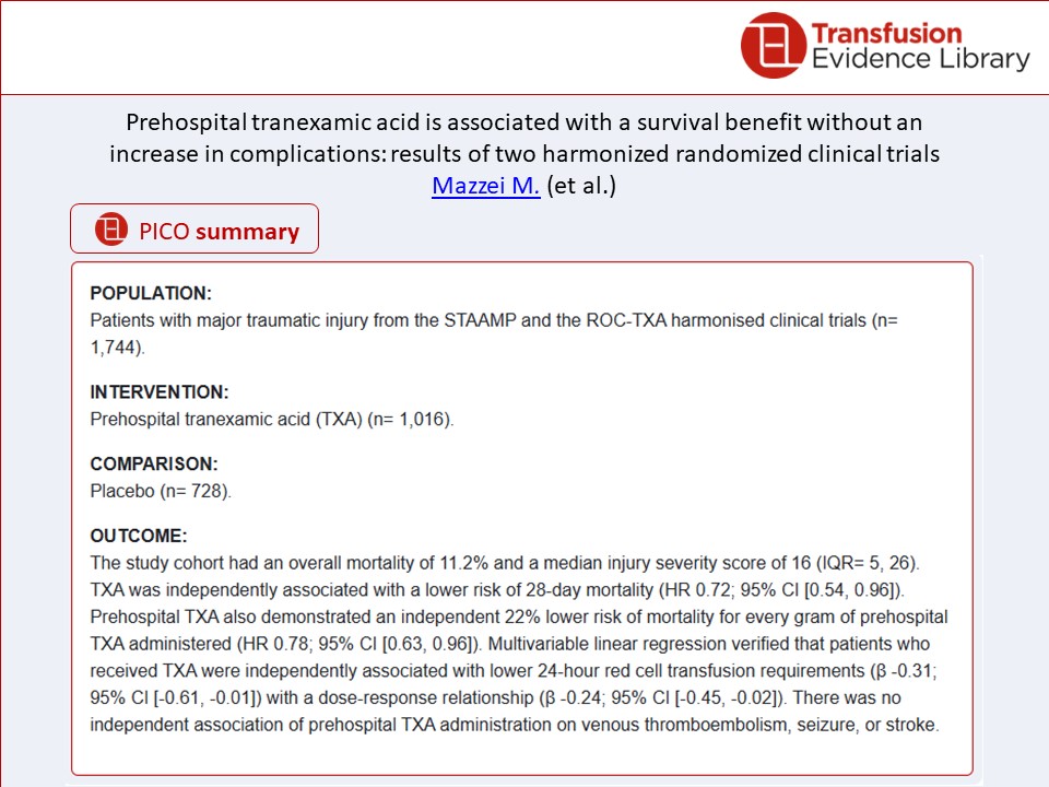 From the #Transfusion Evidence Alert:

Prehospital #tranexamicacid is associated with a survival benefit without an increase in complications: 
results of two harmonized randomized clinical trials
by Mazzei et al.
transfusionevidencelibrary.com/alerts/article…