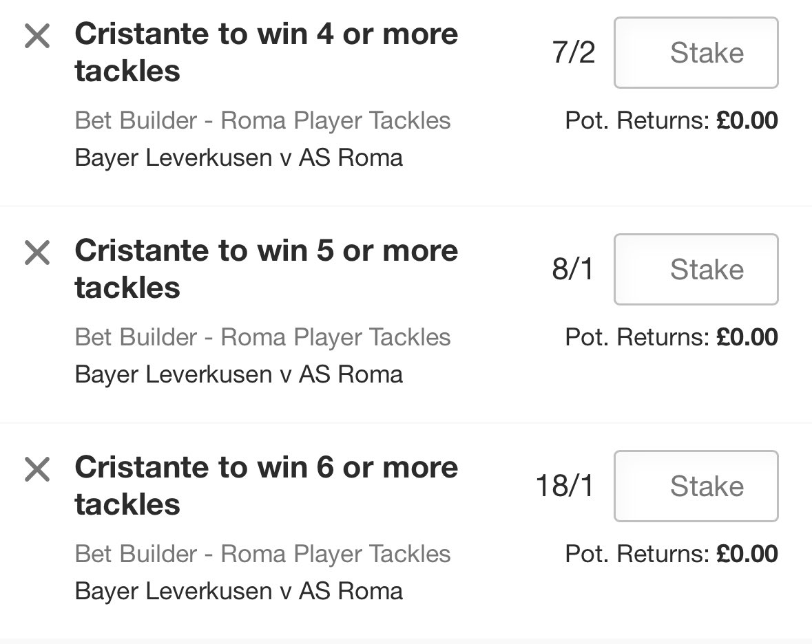 Cristante can hit high numbers on his day.

He's had 6 & 4 in his last 2 league matches and made 4 tackles in 3 of his last 5 x Europa League matches including last week's first leg.

7/2 for x 4 looks a tasty price based on recent form. 

18+ gambleresponsibly