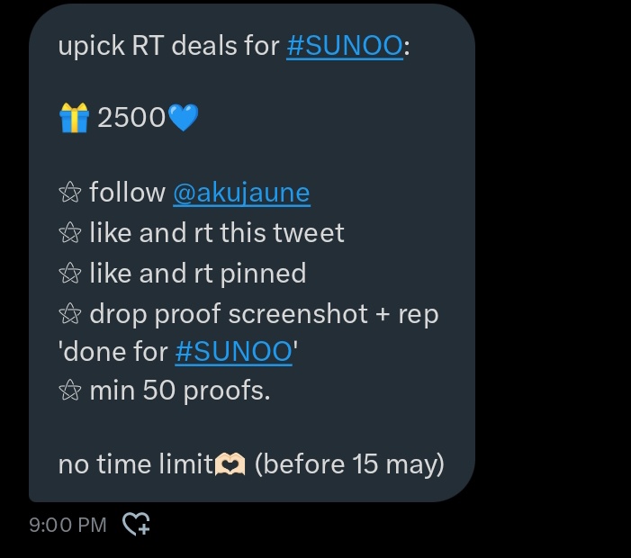 upick RT deals for #SUNOO: 

🎁 2500💙

⚝ follow <a href="/akujaune/">JUNÉ - SELL VOTE UPICK ICHAMP</a> 
⚝ like and rt this tweet
⚝ like and rt pinned
⚝ drop proof screenshot + rep 
'done for #SUNOO'
⚝ min 100 proofs.

no time limit🫶🏻 ( before 15 may )
#ENFuelUp #ENVOOSTERS