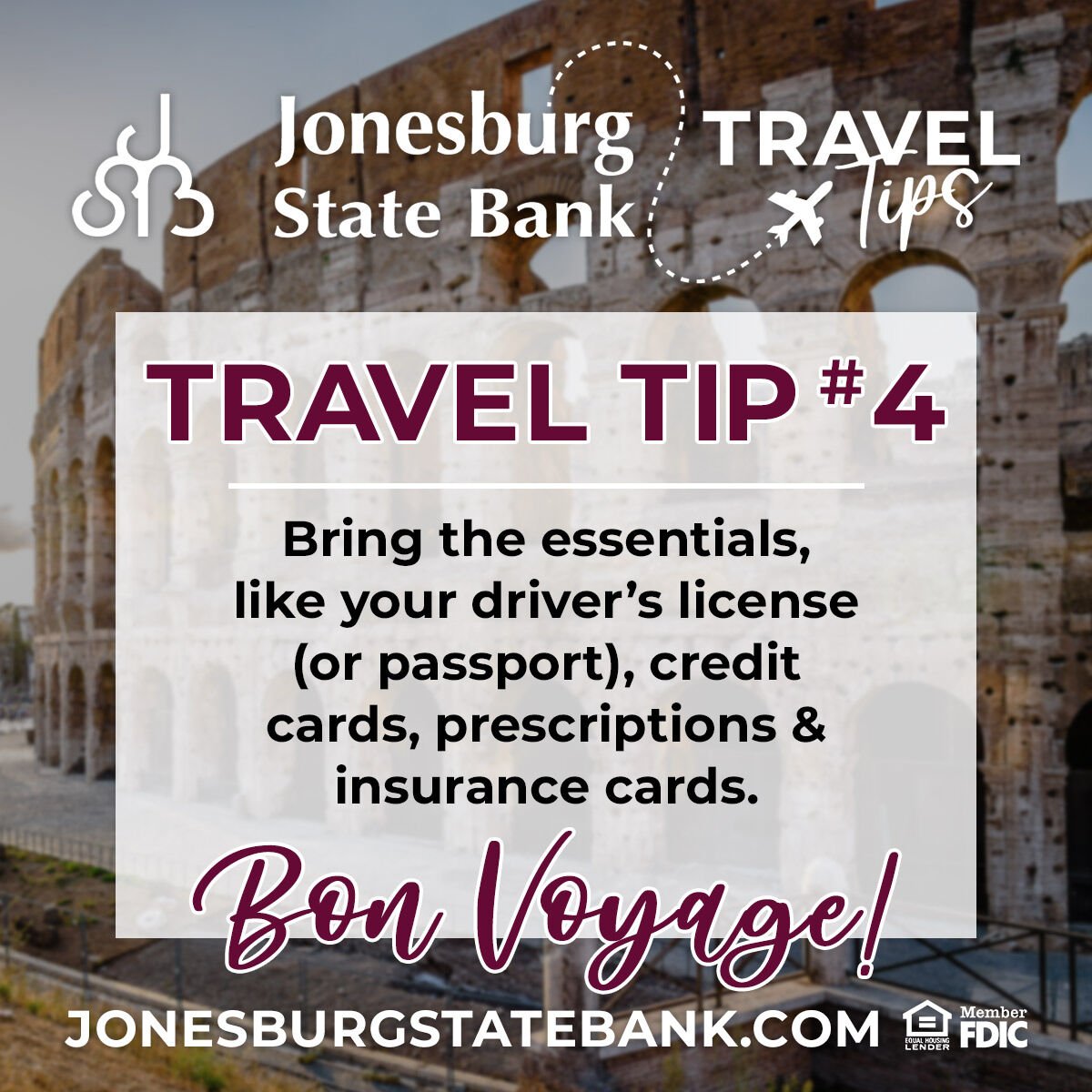 JonesburgStBank's tweet image. ✅ Traveling soon? ✈️ Don't forget the essentials:

Your driver's license (or passport)
Credit Cards
Prescriptions
Insurance Cards 

Make your journey smoother and stress-free with these key items on hand! 🌍🔑 #TravelTip #SmartPacking

Find out more ⬇
bit.ly/2y376hE
