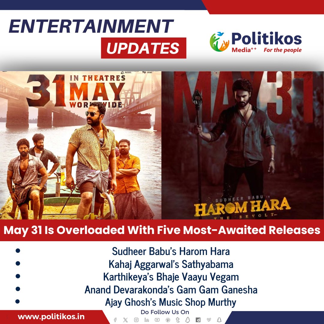 May 31 Is Overloaded With Five Most-Awaited Releases
#Politikos
#Politikosentertainment
#Tollywood
#Upcomingmovies
#Upcomingmoviereleases
#Eagerlywaiting
#Tollywoodstars