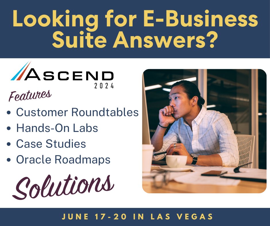 Looking for #OracleEBS answers? Find them at #Ascend2024, June 17-20 in Las Vegas. Connect with EBS users and experts and participate in roundtables, Oracle-led hands-on labs, workshops & more. + Hear directly from #Oracle in roadmap and strategy sessions. ascendusersconference.com/website/63925/…