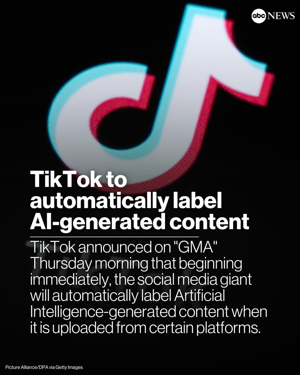 TikTok announced on @GMA Thursday morning that beginning immediately, the social media giant will automatically label Artificial Intelligence-generated content when it is uploaded from certain platforms. Read more: trib.al/q5b8m5J