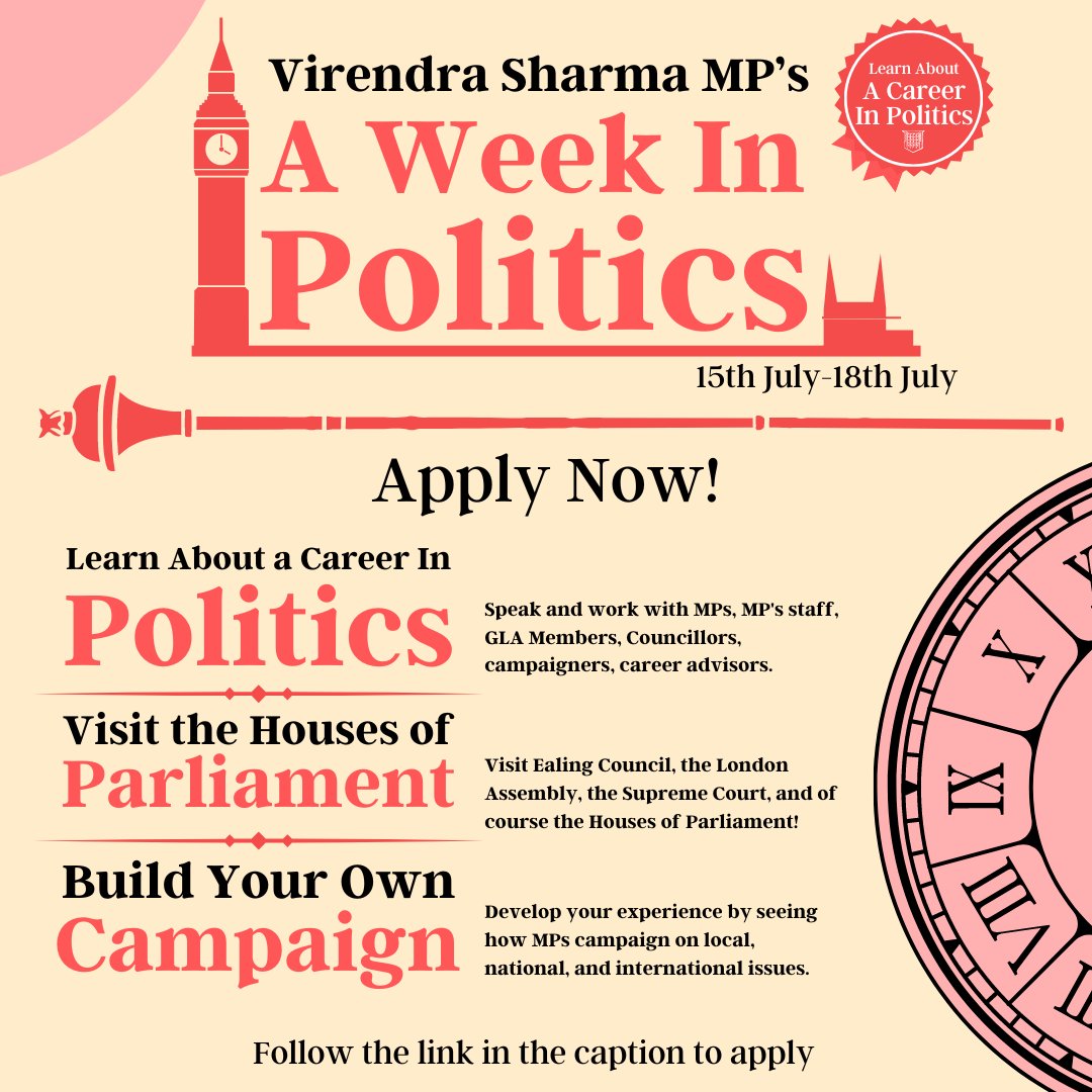 Last chance to sign-up for my summer programme, A Week In Politics! For all 16-19 y/o, this is a jam-packed week full of tours, workshops, and discussions about politics. If you’re interested in learning more about our political system, sign-up here: forms.gle/zcYjMnNNwx7euN…