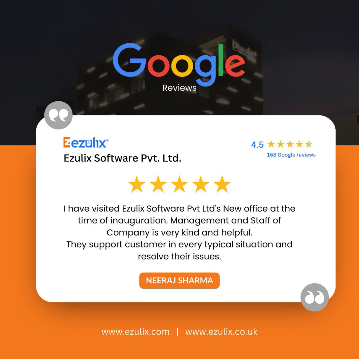 Inspired by Neerah Sharma's 5-star review? Let us help you achieve your software goals too! Contact us today for a free consultation.

Connect with us today. (+91)7230001612

#ezulix 
#softwaredevelopment #clientreviews #clientsatisfaction #clientreviews #jaipur #ezulixreview