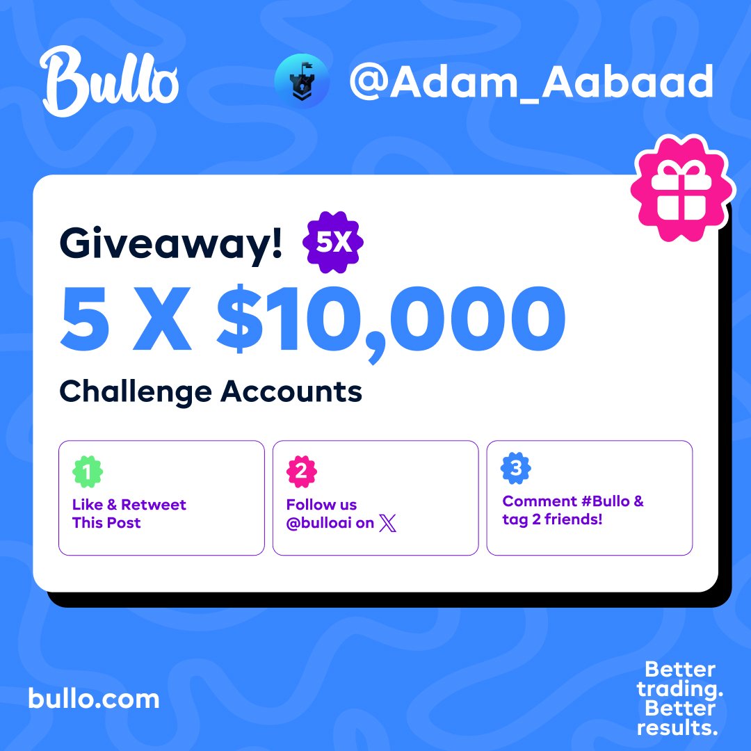🎁 Giveaway Time 🎁 5x10k Challenges 🔹Follow @bulloai @MattJamesAE @callumbullo & @Adam_Aabaad 🔹Like & Retweet 🔹Join Discord: discord.gg/bullo 🔹Tag a friend. ⌚ 48 Hours #GiveawayAlert #Bullo