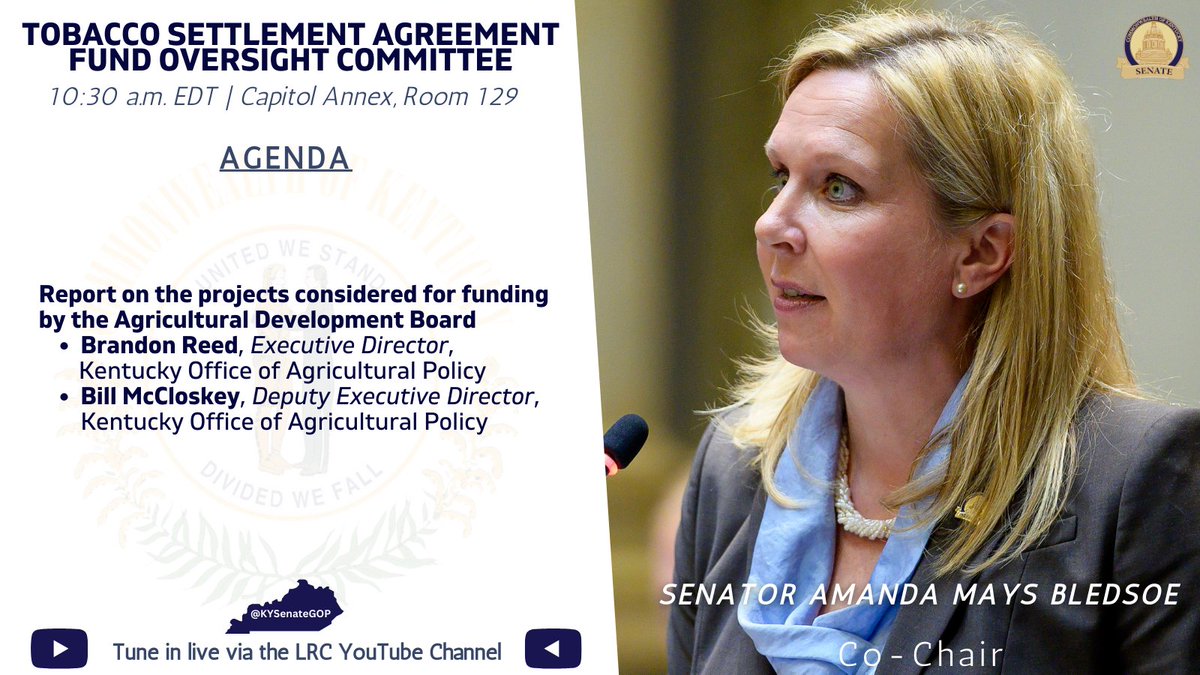 Co-chair @AmandaMBledsoe and the Tobacco Settlement Agreement Fund Oversight Committee meet at 10:30 a.m. It will hear from the Kentucky Office of Agriculture Policy. Guests include former state Rep. Brandon Reed, the office's executive director. WATCH: youtube.com/watch?v=t-01rU…