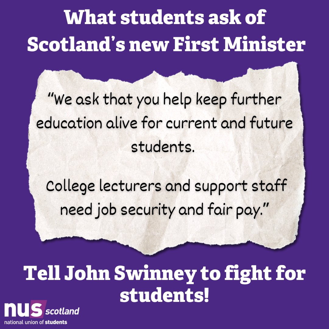 We asked students what message they would send to the new First Minister, here's one message.

@JohnSwinney must fight for students and staff, and reverse devastating cuts to college budgets.

nus-scotland.org.uk/message_to_new…
