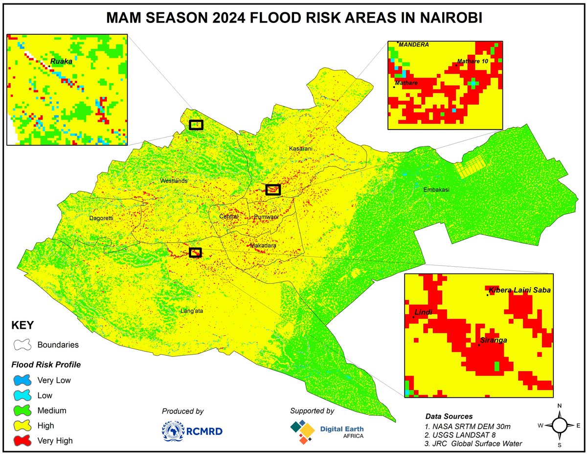 @DEarthAfrica & RCMRD are using #EarthObservation  data to map #flood-risk areas in Nairobi County, Kenya, for the March-May long rains, leveraging #Landsat 8 data, elevation data from NASA SRTM DEM at 30 metres & the EU Joint Research Centre's Global Surface Water dataset.