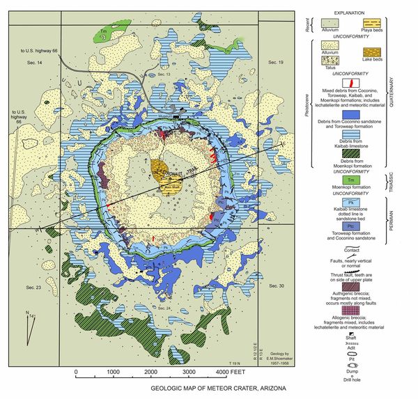 About 50,000 years ago the #CanyonDiablo Meteorite stuck northern Arizona excavating a large crater, #Meteor or Barringer Crater. The crater is about 4,000 ft in diameter and 570 feet deep. Eugene Shoemaker's 1960 geologic map of the crater. lpi.usra.edu/.../barringer_…