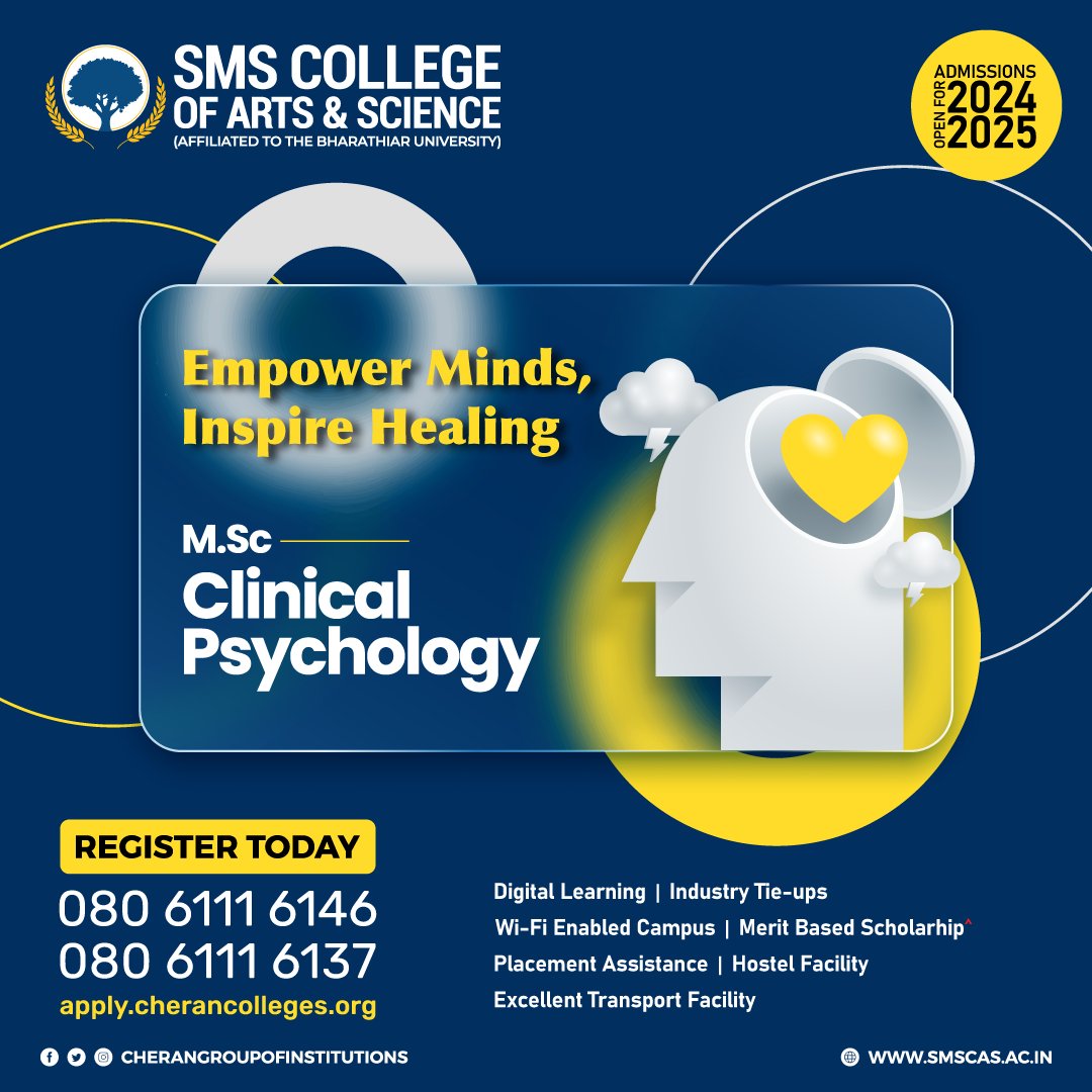 Unlock the doors to a fulfilling career in psychology with our M.Sc Clinical Psychology program at SMSCAS. Dive deep into the fascinating world of human behavior, mental health, and therapy techniques.
#ClinicalPsychology #Psychology #AdmissionsOpen #Coimbatore
