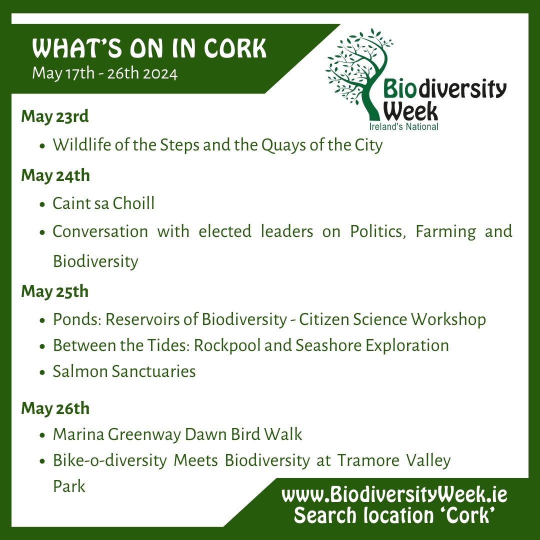 There are amazing events on in Cork for #BioidversityWeek2024! See full event details here: biodiversityweek.ie/events-calenda… Keep an eye on the website as more events are uploaded over the next week. Plus have a look at the online and at home events too. @NPWSIreland @HeritageHubIRE