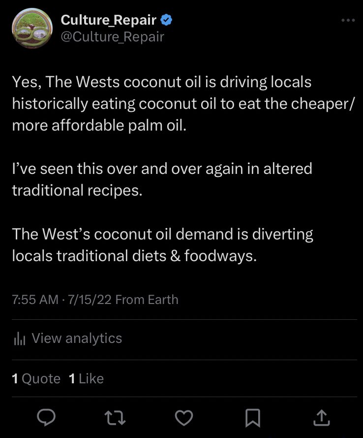 @martincottle7 @kimberrosexx The West’s 
coconut oil demand increases 
global coconut oil prices 
directly driving palm oil consumption amongst the most impoverished.

             #BuyLocal! - 💚