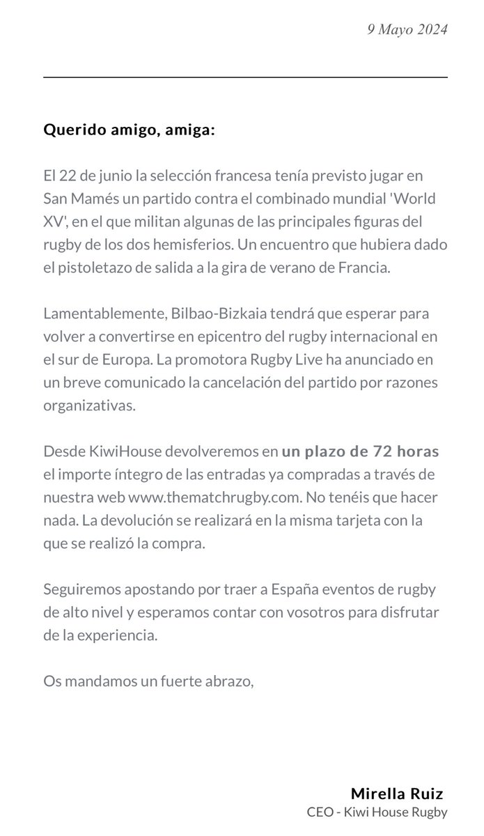 Sentimos comunicar la decisión de la promotora de no seguir adelante con el partido en San Mamés. Desde KiwiHouse nos hemos puesto en contacto con cada uno de los compradores y la devolución de las entradas se realizará en un plazo de 72 hrs.
Seguiremos luchando por más sueños.