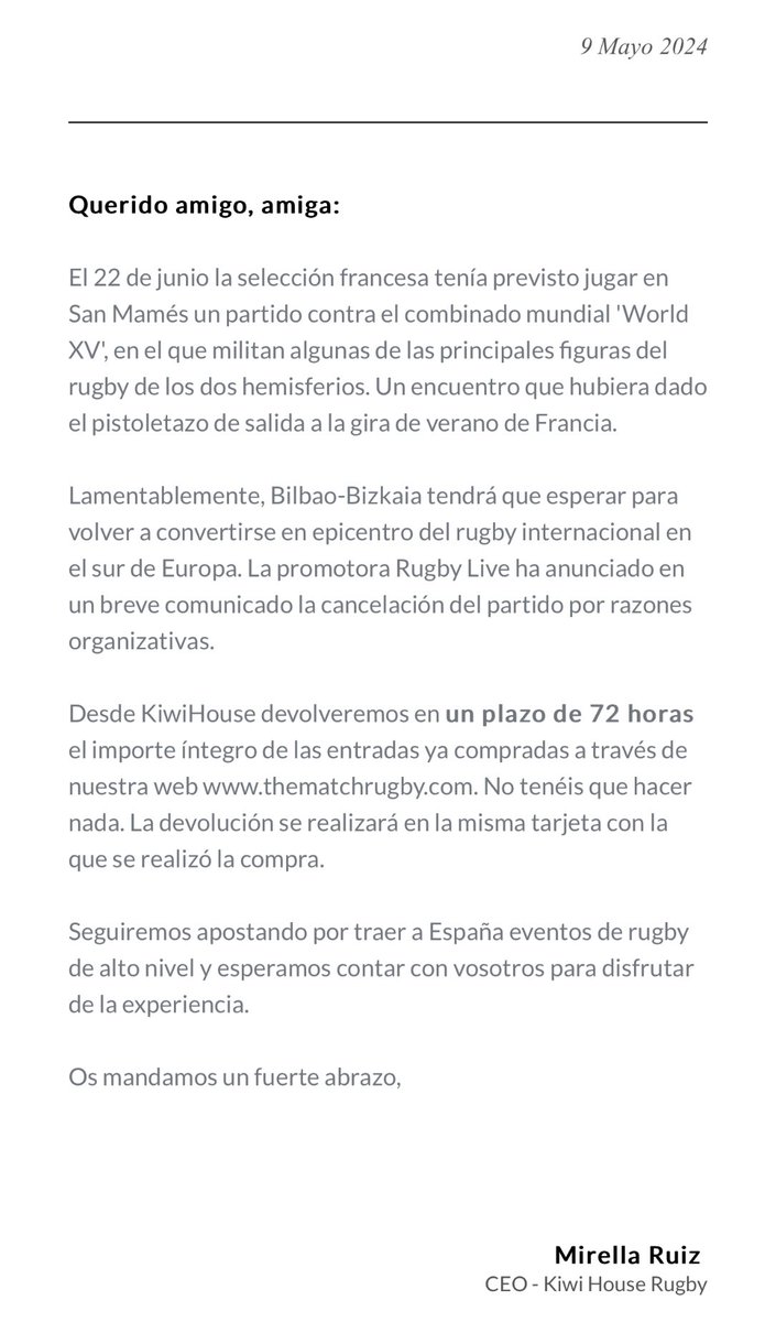 Sentimos comunicar la decisión de la promotora de no seguir adelante con el partido en San Mamés. Desde KiwiHouse nos hemos puesto en contacto con cada uno de los compradores y la devolución de las entradas se realizará en un plazo de 72 hrs. Seguiremos luchando por más sueños.