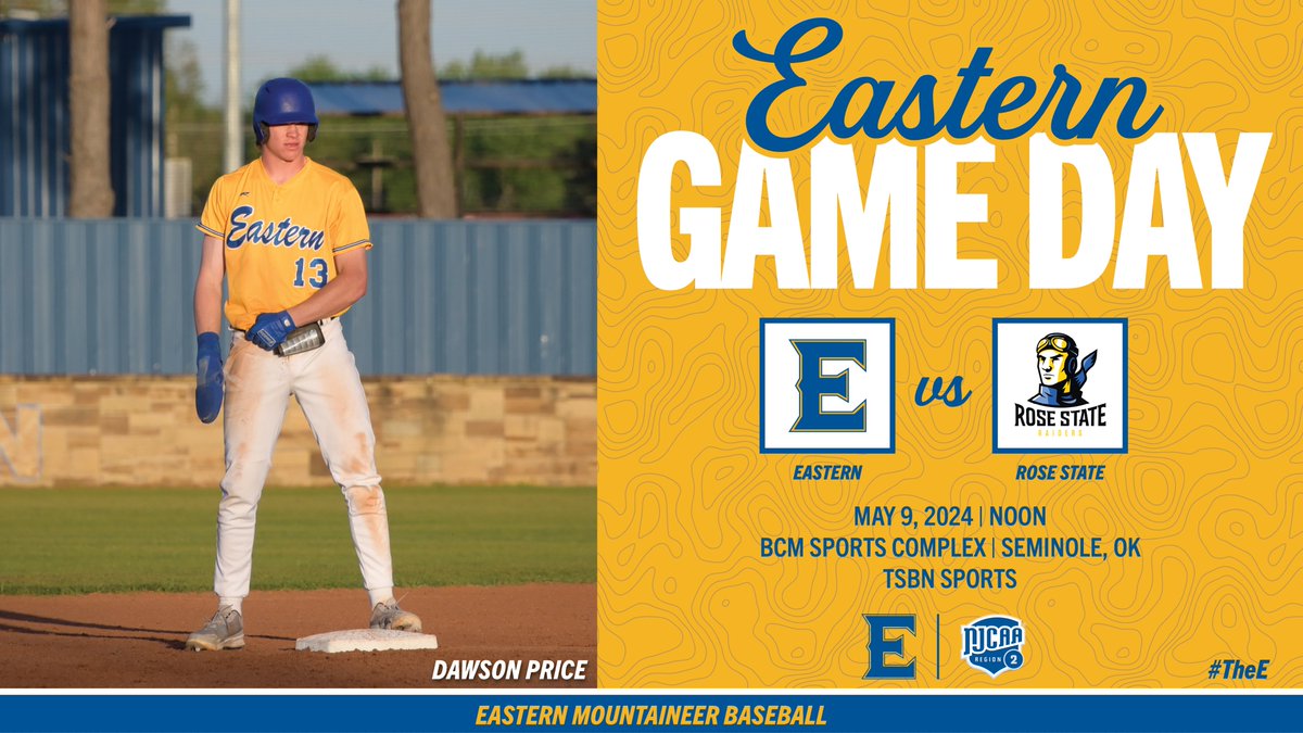 Tournament Game Day! Eastern will begin its hunt for a Region 2 title against Rose State! #TheE  #NJCAABSB
⚾️ vs. Rose State College
⏰ Noon
🏟 BCM Sports Complex
📍 Seminole, OK
📺 tsbnsports.com/eastern-ok-sta…