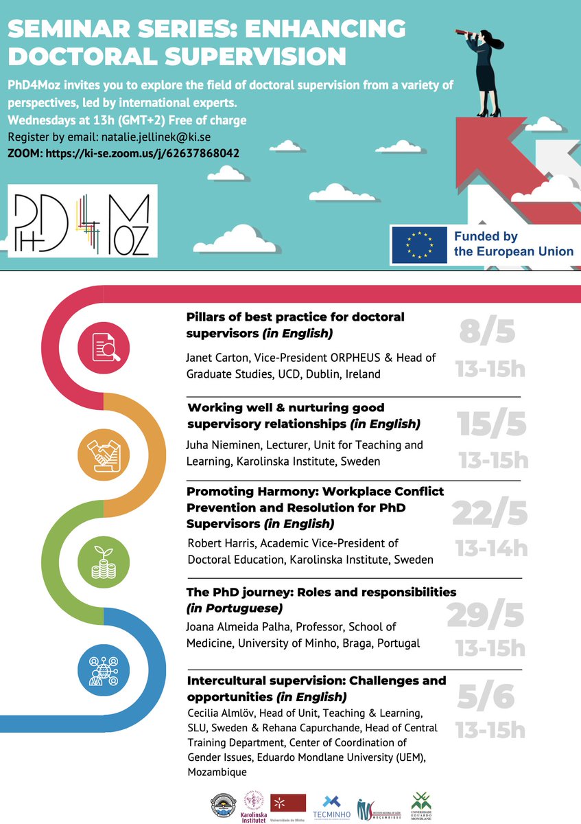 O Programa #PhD4Moz convida-o a explorar o campo da supervisão de doutoramento a partir de uma variedade de perspectivas, conduzidas por especialistas internacionais. E-mail de registo: natalie.jellinek@ki.se ZOOM: ki-se.zoom.us/j/62637868042