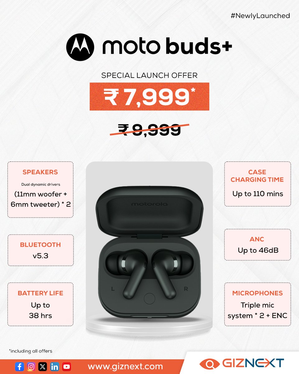 Motorola has launched Moto Buds series with water-repelling design. 🎶 Sale starts from 15th May on Flipkart 🛒 Moto Buds with special launch price at ₹3,999. 💸 🎨Available in Three Colors: Starlight Blue, Glacier Blue, and Coral Peach 🎙️Triple-Mic System 🔊Dolby Atmos 📱…