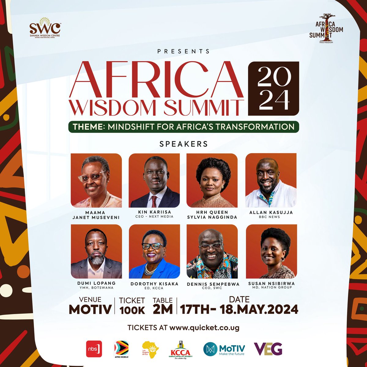 Knowledge meets Impact📚

Don’t miss out on the chance to be part of the groundbreaking #AfricaWisdomSummit 🇺🇬 at @MotivUG as thought leaders, innovators & visionaries converge to inspire a Mindshift for Africa's Transformation

Book your spot: shorturl.at/jnyzV
#AfWS2024