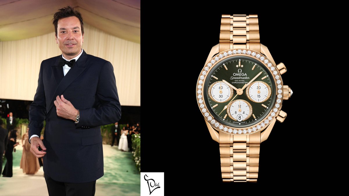 American comedian and tv host of @FallonTonight @jimmyfallon arrived at the #MetGala2024 wearing an @omegawatches Speedmaster 38 Reference 324.55.38.50.60.001 in 18k white gold. It features a bezel set with 52 diamonds and a crown set with a single diamond.
#JimmyFallon #Omega