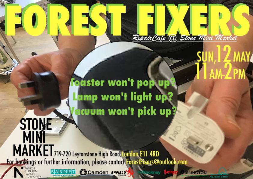 THIS SUNDAY 12 May 11am-2pm REPAIR CAFE at @STONEMINIMARKET 719-720 Leytonstone High Rd E114RD Please email ForestFixers@outlook.com&book a free slot! @RestartProject @our_wf @Our_Leyton @WFEcho @WalthamstowLife @E17Designers @RecycleFYC @recycle_now @circulareconomy @CEAlliance_
