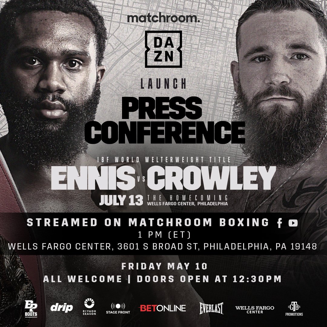🎟️ General Sale - Noon (@Ticketmaster)
🎙️ Launch Presser - 1pm (@WellsFargoCtr)

Big day in Philadelphia tomorrow! 🔥 @JaronEnnis 

#EnnisCrowley