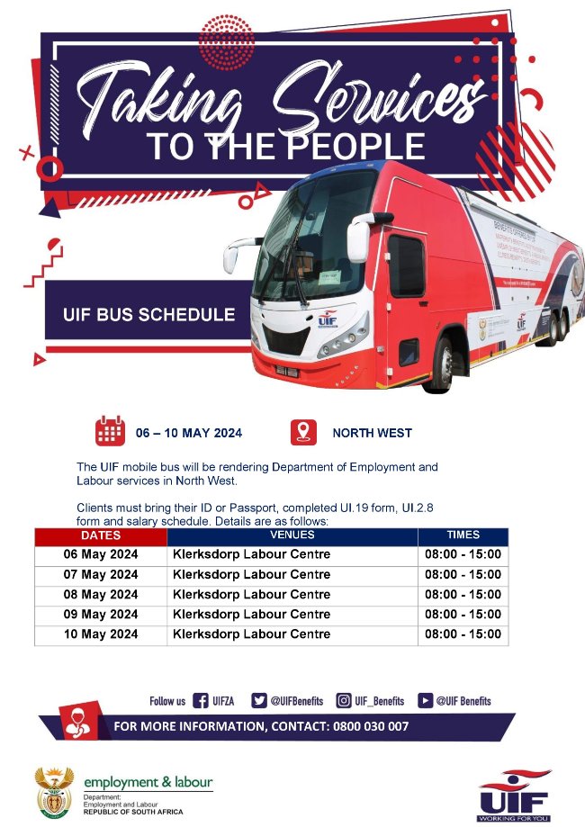 The #UIF bus will render @deptoflabour services in the North West Province from Monday, 06 May 2024 to Friday, 10 May 2024. The UIF bus will further render departmental services in Gauteng from Tuesday, 07 May 2024, till Saturday, 11 May 2024 #UIF #WorkingForYou