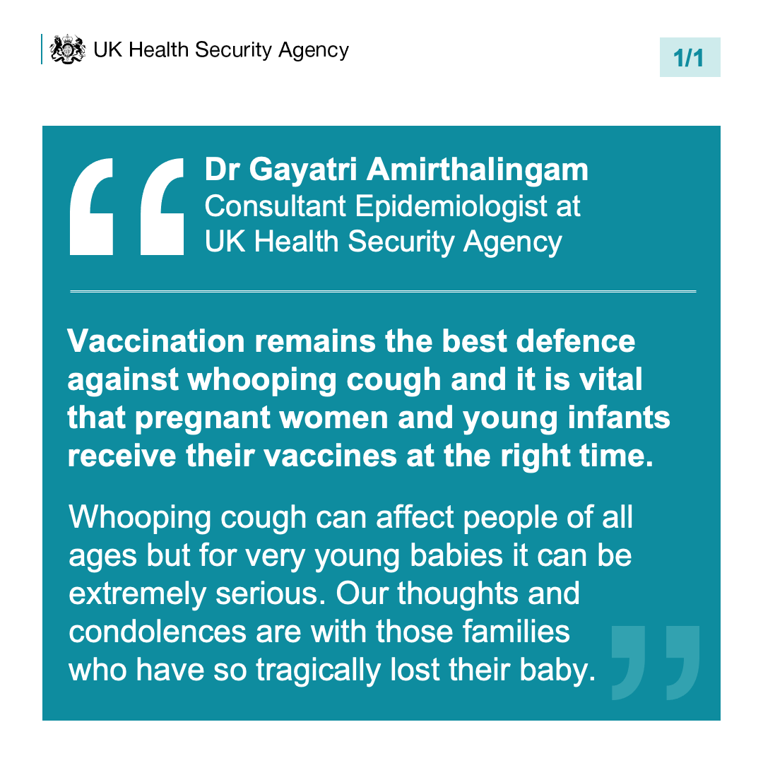 We publish data today that shows whooping cough cases continuing to rise, with five infant deaths reported for the period Jan to Mar 2024. Please contact your GP practice if you are pregnant and have not yet been vaccinated. More detail here: gov.uk/government/new…