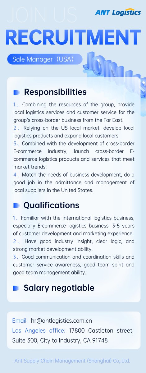 ChainNeptune's tweet image. 蚂蚁物流网招贤纳士-物流销售经理（美国）| Hiring for a Logistics Sales Manager（USA）
📢 Join ANT Logistics and Revolutionize Global Logistics! Send your resume to: hr@antlogistics.com.cn.