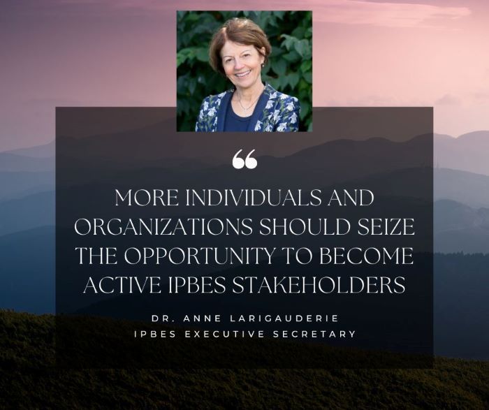 Join the global efforts for #biodiversity📢 Dr. Anne Larigauderie, Exec. Secr. of @IPBES, highlights the crucial role of stakeholders in achieving nature targets Want to become an IPBES stakeholder?🤔 Read this article by @ONet_IPBES onet.ipbes.net/index.php/node… #IPBEStakeholders