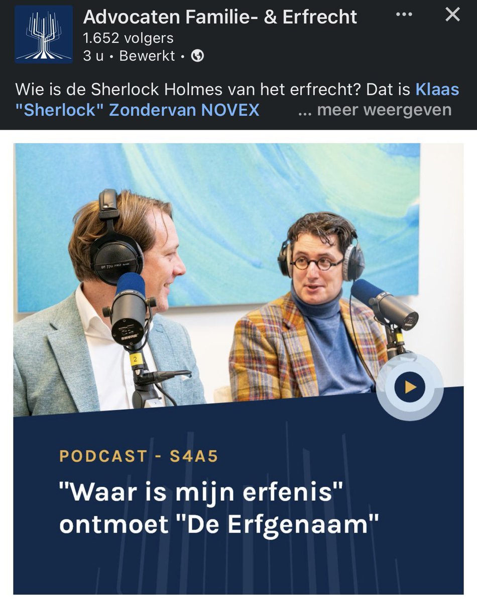 Wat doet een erfrechtelijk genealoog? Daar komt u achter als u onze podcast ‘De Erfrechtadvocaat’ luistert.

In de nieuwste aflevering is Klaas Zondervan gast. Als een Sherlock Holmes spoort hij erfgenamen op, die normaal gesproken vrijwel onvindbaar zijn. lnkd.in/eMREYtts