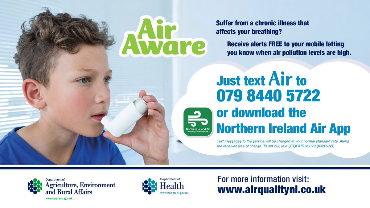 To receive notifications for high air pollution episodes, subscribe to the SMS alert service “Air Aware” by texting AIR to 07984405722 or download the Northern Ireland Air app airqualityni.co.uk/stay-informed @healthdpt @publichealthni @NHSCTrust @setrust @SouthernHSCT @WesternHSCTrust