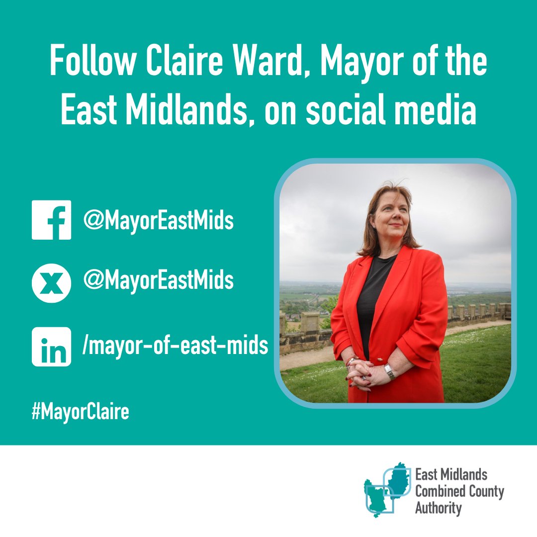 📢Stay in the loop with all things East Midlands!

Follow our Mayor, Claire Ward, on social media for the latest updates and initiatives impacting our region.

Twitter: @MayorEastMids
Facebook: MayorEastMids
LinkedIn: /mayor-of-east-mids

#MayorClaire #EMCCA