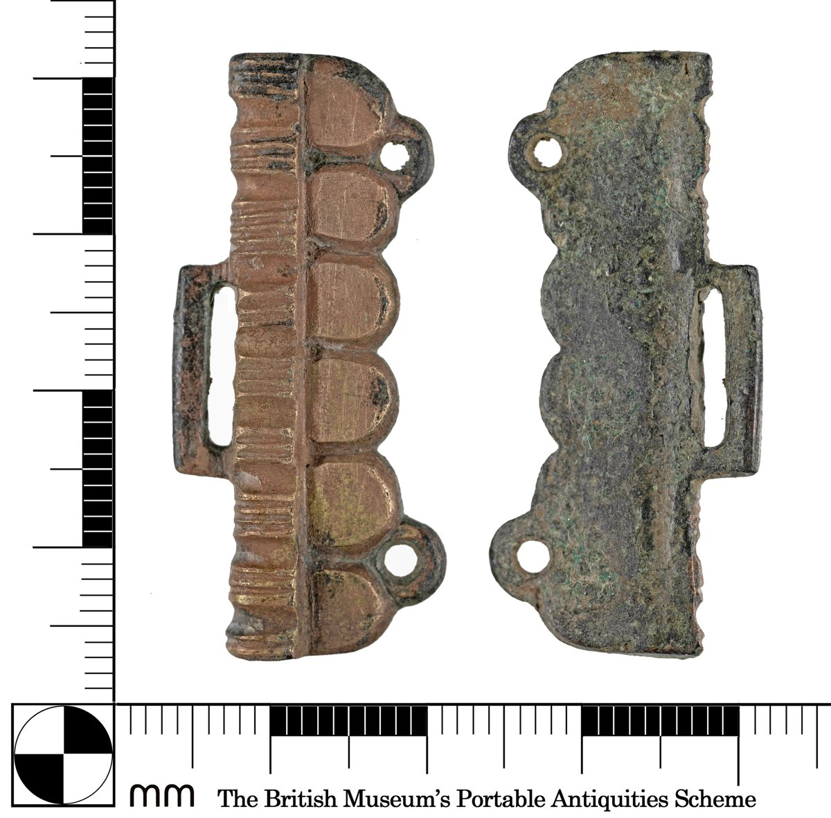 This is an Anglo-Saxon wrist clasp. These objects were used to fasten the cuffs of women’s clothing and are found almost exclusively in the Anglian culture-province of East Anglia, Cambridgeshire, the East Midlands, North and East Yorkshire.  #FindsFriday finds.org.uk/database/artef…