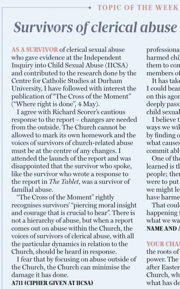 Important letter in @The_Tablet highlighting the need for survivors of clerical abuse to be heard in response to the @CCSDham recent report.