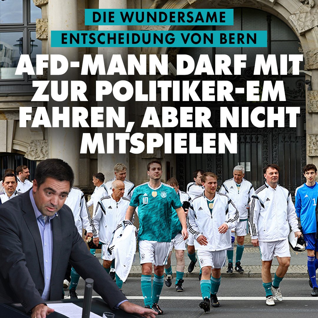 Der Bundestag verkommt zum Kindergarten: Bei der anstehenden Europameisterschaft der Parlamentarier wird einem AfD-Abgeordneten das Mitspielen untersagt. Als „Supporter ohne Spielberechtigung“ dürfe er jedoch mitreisen.
nius.de/politik/die-wu…