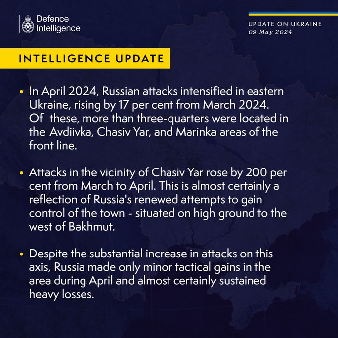 In April 2024, Russian attacks intensified in eastern Ukraine, rising by 17 per cent from March 2024. Of these, more than three-quarters were located in the Avdiivka, Chasiv Yar, and Marinka areas of the front line.  Attacks in the vicinity of Chasiv Yar rose by 200 per cent from March to April. This is almost certainly a reflection of Russia's renewed attempts to gain control of the town - situated on high ground to the west of Bakhmut.  Despite the substantial increase in attacks on this axis, Russia made only minor tactical gains in the area during April and almost certainly sustained heavy losses.