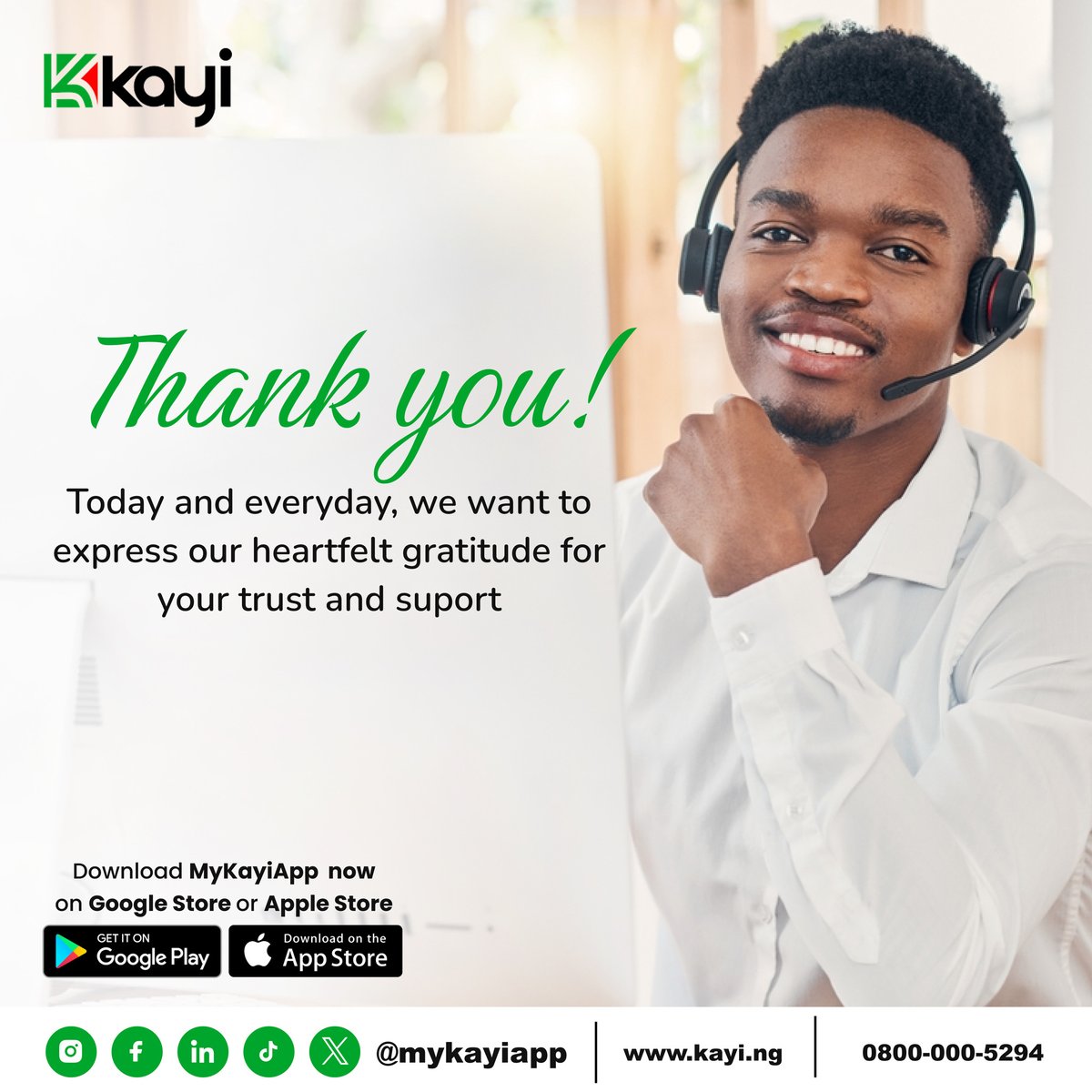 At Kayiapp, our customers are at the heart of everything we do! Today and every day, we want to express our heartfelt gratitude for your trust and support. Thank you for being part of our journey!

#CustomerAppreciation #Kayiapp #Gratitude
#Mykayiapp
#Kayiway
#Digitalbanking