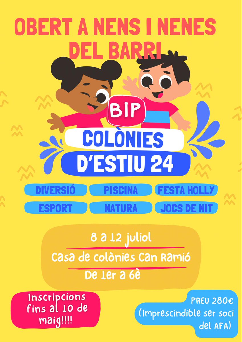 afa_bip's tweet photo. Ei famílies BiP, i de diferents col·legis del barri, aquest any el nostre AFA ha organitzat unes súper colònies D estiu. Si esteu interessat afanyeu-vos, demà s acabe el plaç per fer inscripcions. Trobareu la info:
https://t.co/C3bmgldzLI https://t.co/yt955jZ01S
