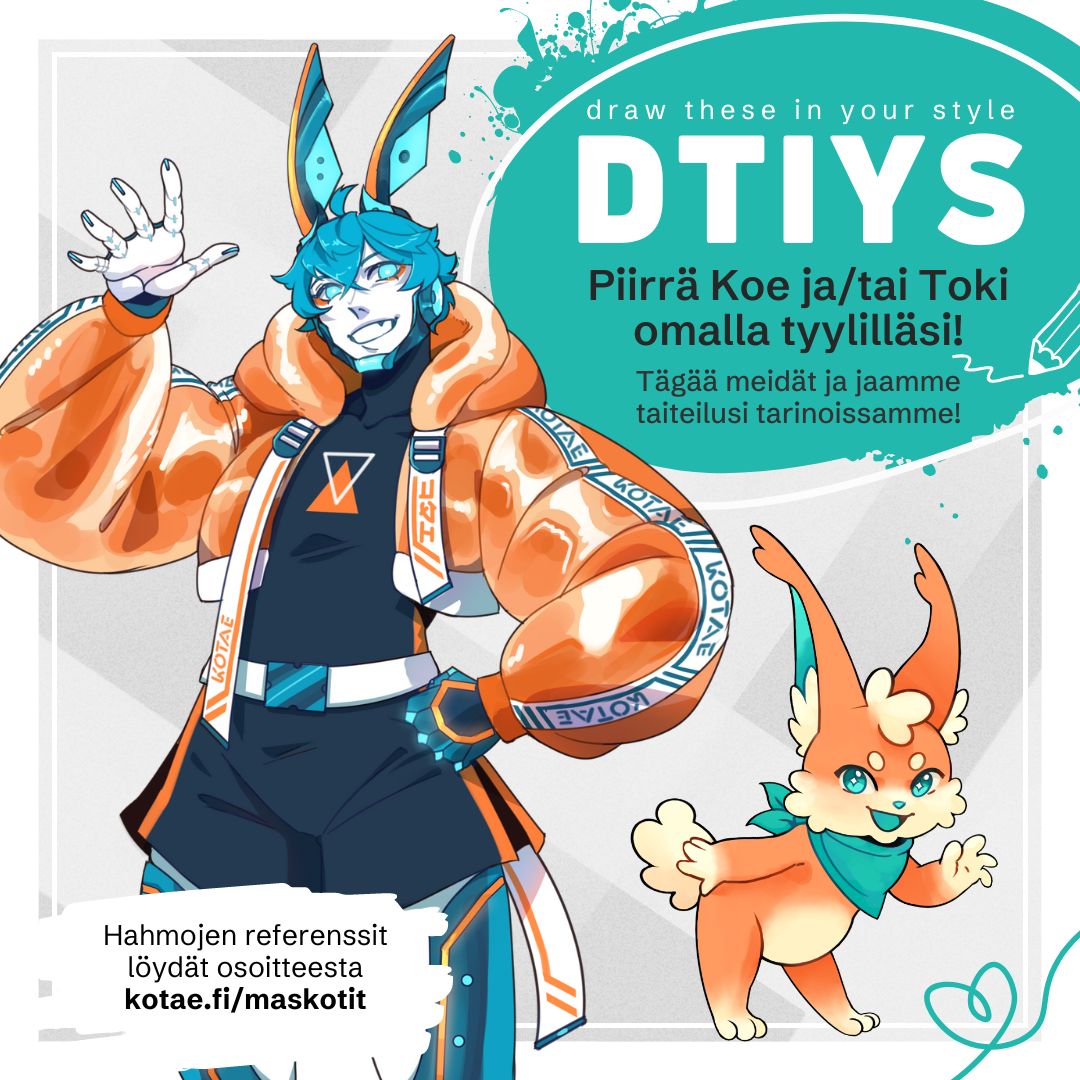 Tykkäätkö maskoteistamme? 💗 Kotae Expon tiimi tahtoo tietää miltä Kotaen maskotit näyttävät sinun tyylilläsi! Piirrä maskottimme ja tägää meidät niin jaamme luomuksesi somekanavillamme!

kotae.fi/maskotit/