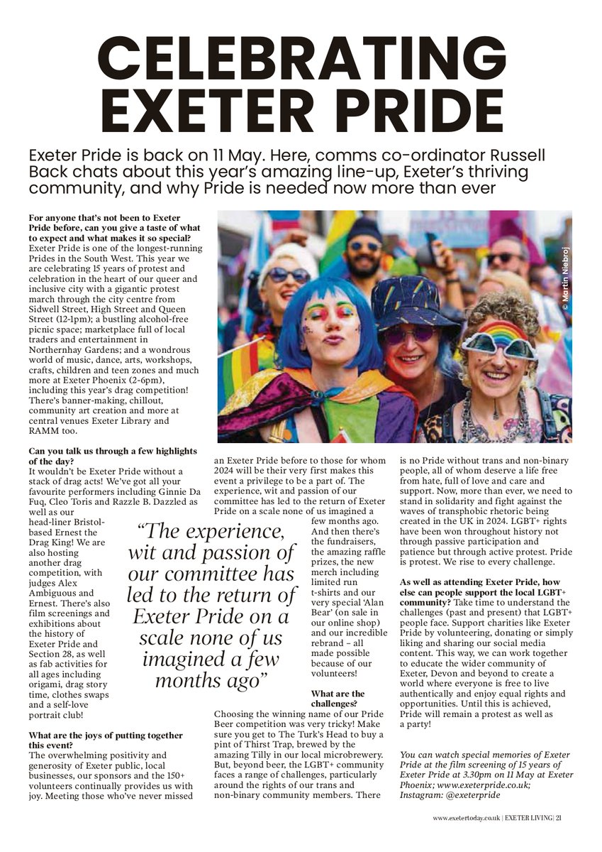 ExeterLiving's tweet image. 🌈🌈🌈Exeter Pride is back this Saturday! Here, comms co-ordinator Russell Back chats about the amazing line-up, Exeter’s thriving community, and why Pride is needed now more than ever 

📖read online - link in bio 

@ExeterPride #ExeterPride #ExeterLivingMag #Exeter
