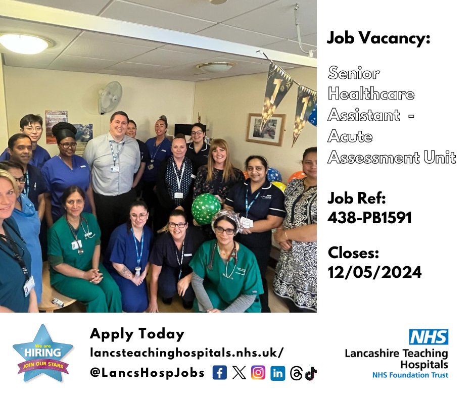 Job Vacancy: Senior #Healthcare Assistant - Acute Assessment Unit @LancsHospitals 

⏰Closes: 12/05/24

Read more and apply: lancsteachinghospitals.nhs.uk/join-our-workf…

#NHS #NHSjobs #lancashire #lancashireJobs @LTHTREmergency1 @SarahC_RN #WeAreHCSWs #Healthcare