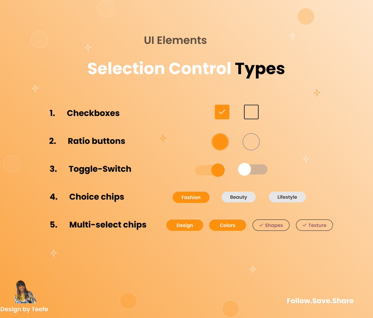 Hello Everyone 👋

Let's talk about control selection buttons today.

📍checkboxes
📍 Ratio buttons 
📍Toggle- Switch
📍Choice- Chips
📍Multiple- Select chips

#Dailytipswithteefe @uxui_daily
#ui #uitips #uxtips #uxui #designtips #designer #uxdesigner