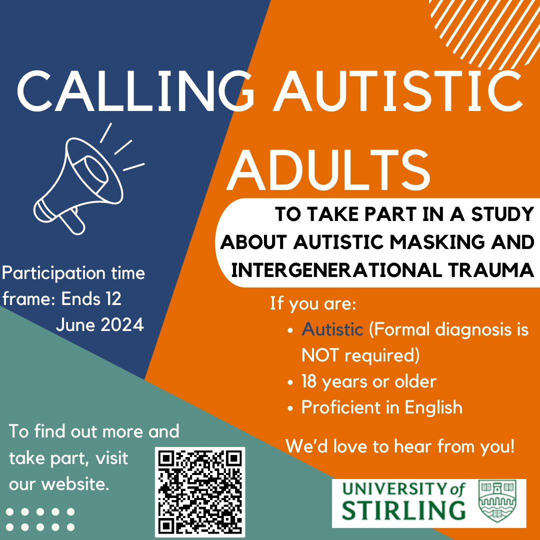 📢 NEW STUDY ALERT📢 Looking for: ✅ Autistic adults 18+ (self diagnosis welcome) ✅ Proficient in English ✅ Based anywhere in the world To take a 20-25 min survey about autistic masking and intergenerational trauma. app.onlinesurveys.jisc.ac.uk/s/stirling/par…