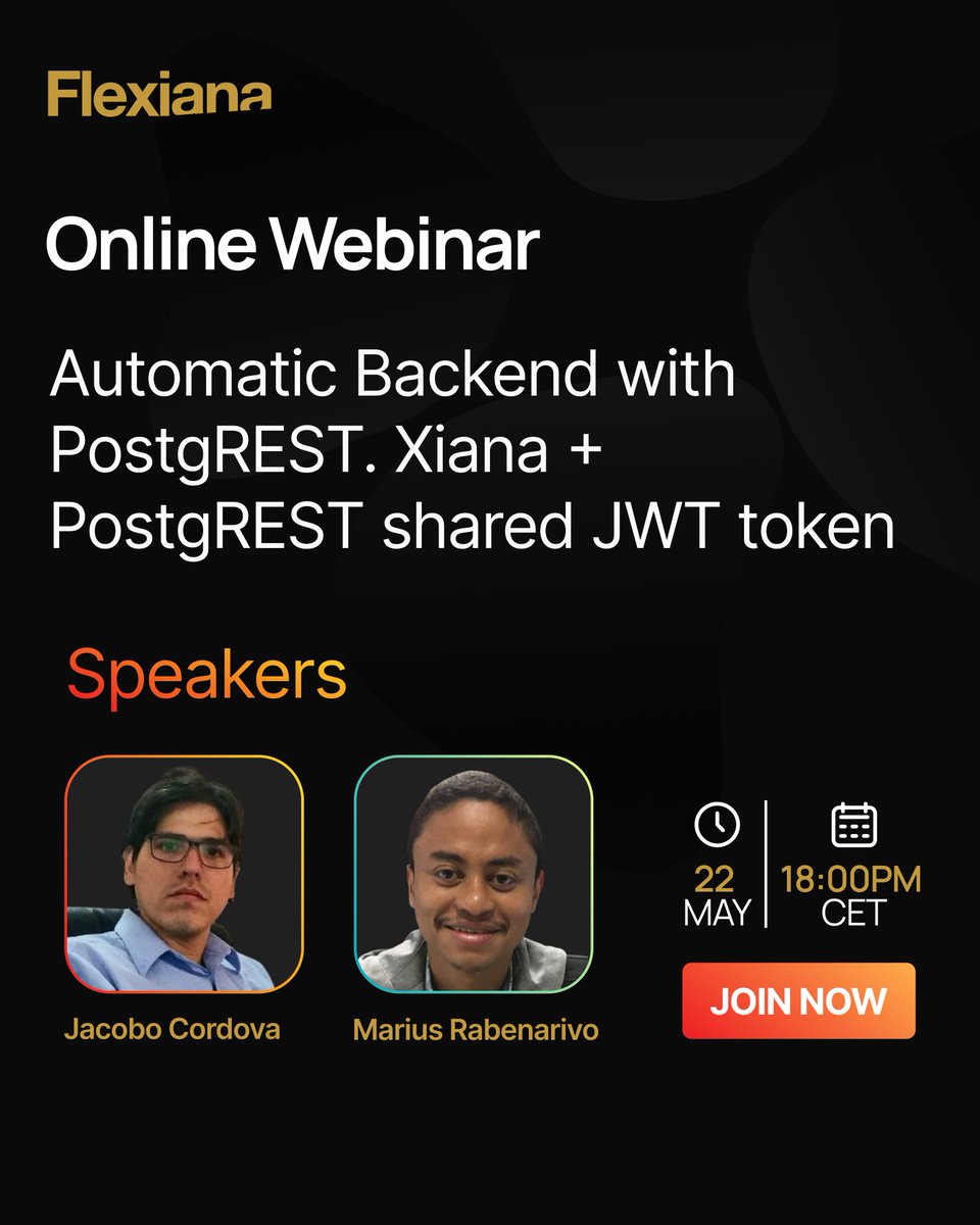 flexiana's tweet image. Join Jacob Cordova and Marius Rabenarivo&apos;s #webinar on Automatic Backend with #PostgREST. Xiana + PostgREST shared #JWT token. 🚀

👉 Explore the effective collaboration between #Xiana and PostgREST and learn about secure authentication using shared JWT tokens.
🔗…