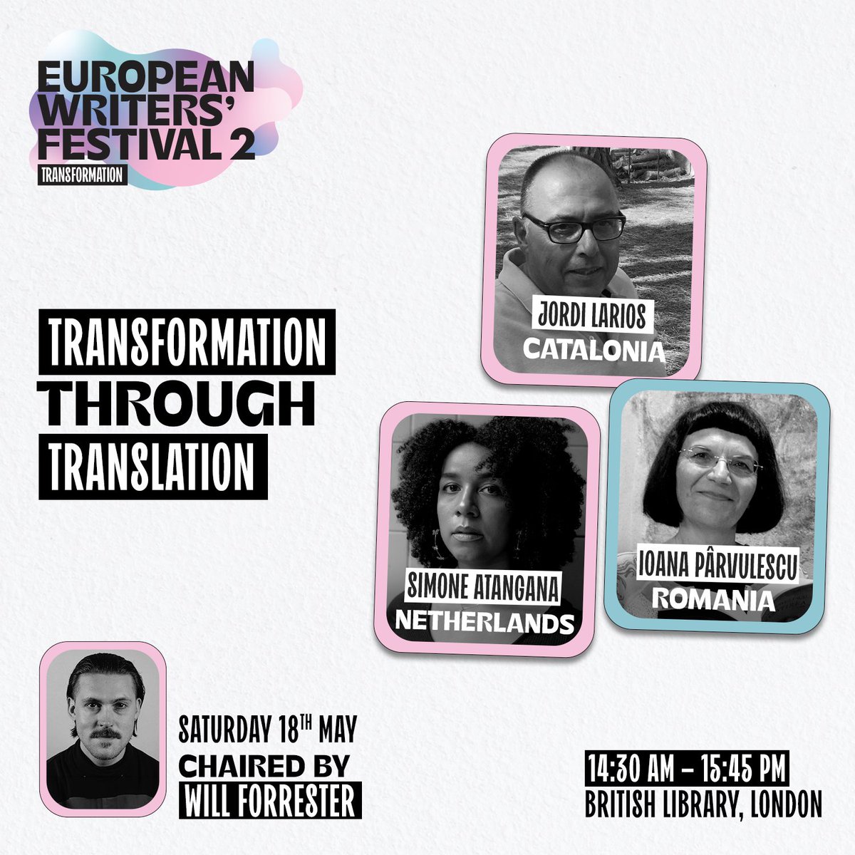 Panel 3 on Day 1 @britishlibrary chaired by @official_foz from @englishpen is all about transformation through translation Featuring writers from @Catalonia_UK @NLinUK @ROEmbassyLondon we can't wait! Got your tix yet?? @eventsBL @eurolitnet @GoldRosie