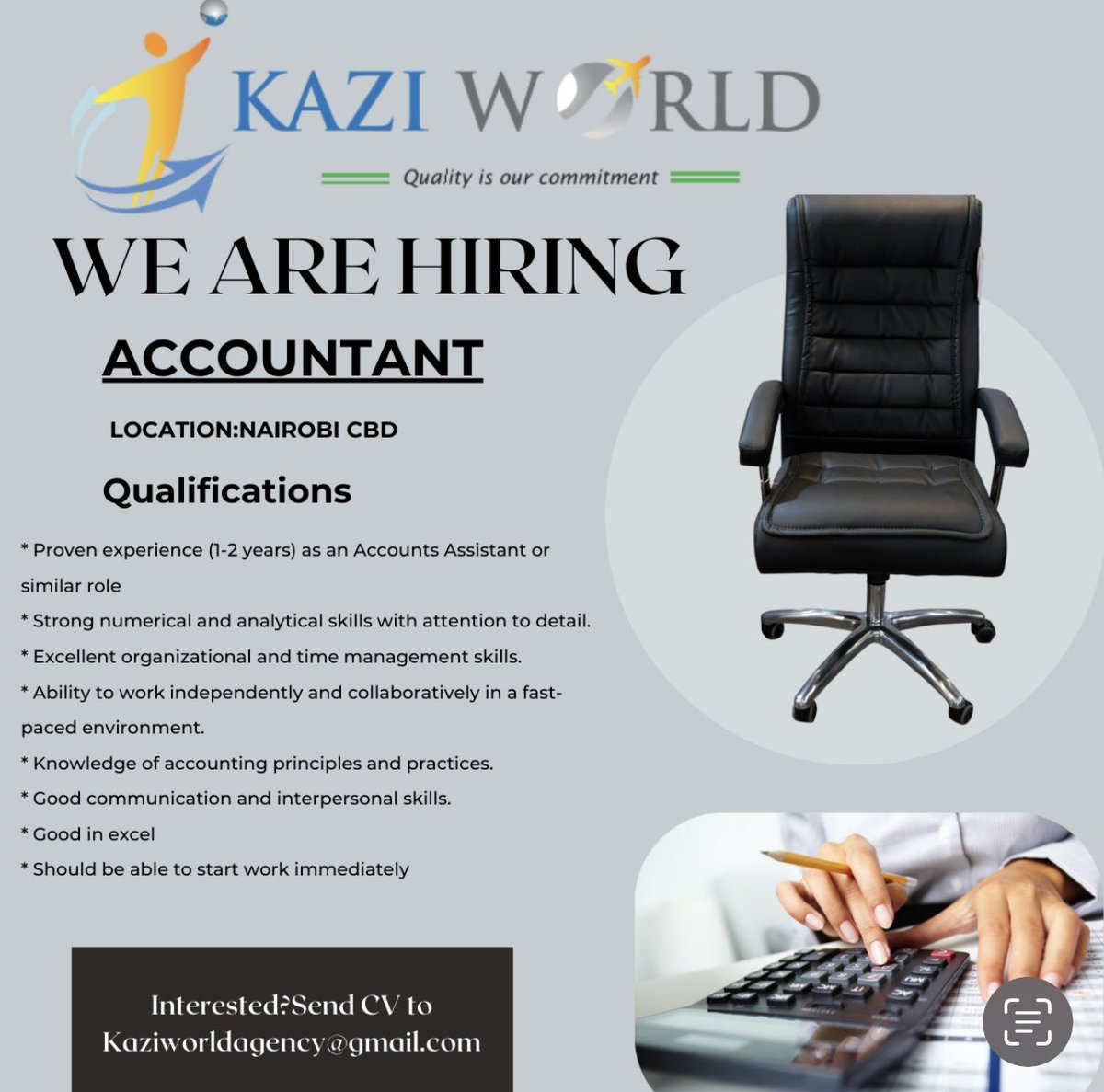 Accountant needed.
#IkoKaziKE