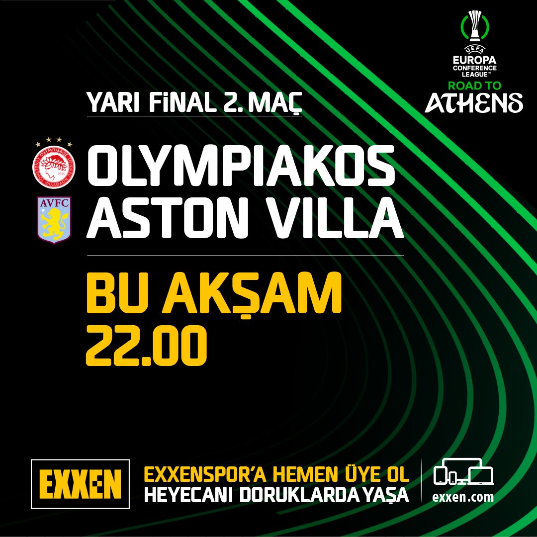 Avrupa Konferans Ligi yarı final ikinci maçında bu akşam 22.00’de, Olympiakos-Aston Villa karşılaşıyor. Bu müthiş maç canlı yayınla Exxen’de. Hemen exxen.com’a gir, Exxenspor’a hemen üye ol, eğlenceyi ve heyecanı doruklarda yaşatan Exxenspor’un keyfini çıkarmaya…