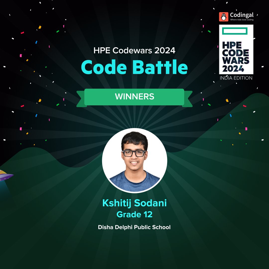 codingal's tweet image. Congratulations to the Winner of HPE CodeWars- Codebattle 2024! 📷We extend our heartfelt greetings to Kshitij Sodani from Disha Delphi Public School #hpecodewars2024 #hpecodebattle #codingforkids #codingal #codebattlewinners