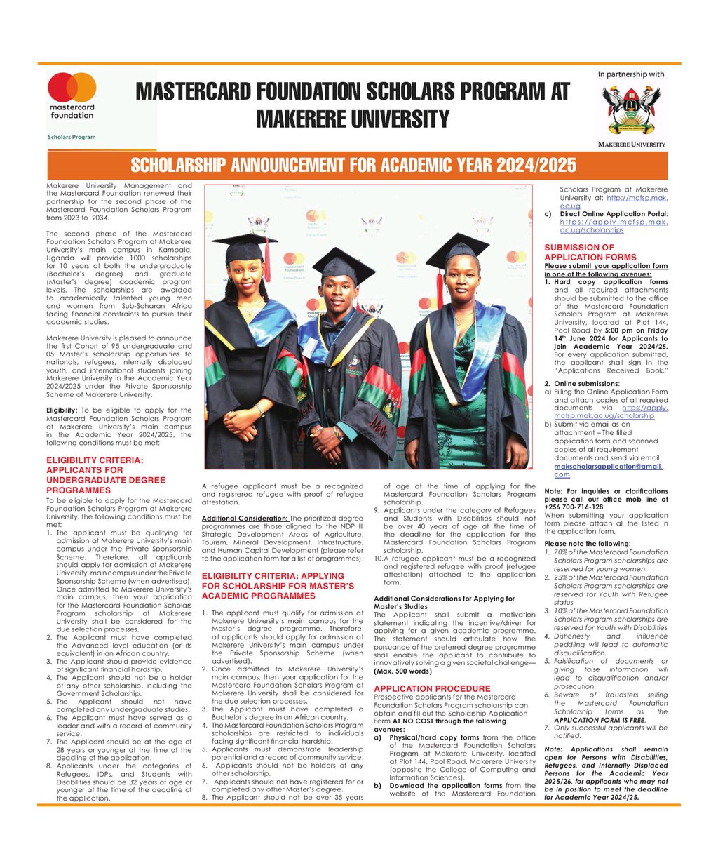 .@MCFMakerere in partnership with @Makerere have a number of scholarship opportunities for undergraduate and masters students for the academic year 2024/2025. Please read through this announcement to understand the eligibilty criteria and how you can apply. Good luck 🤞